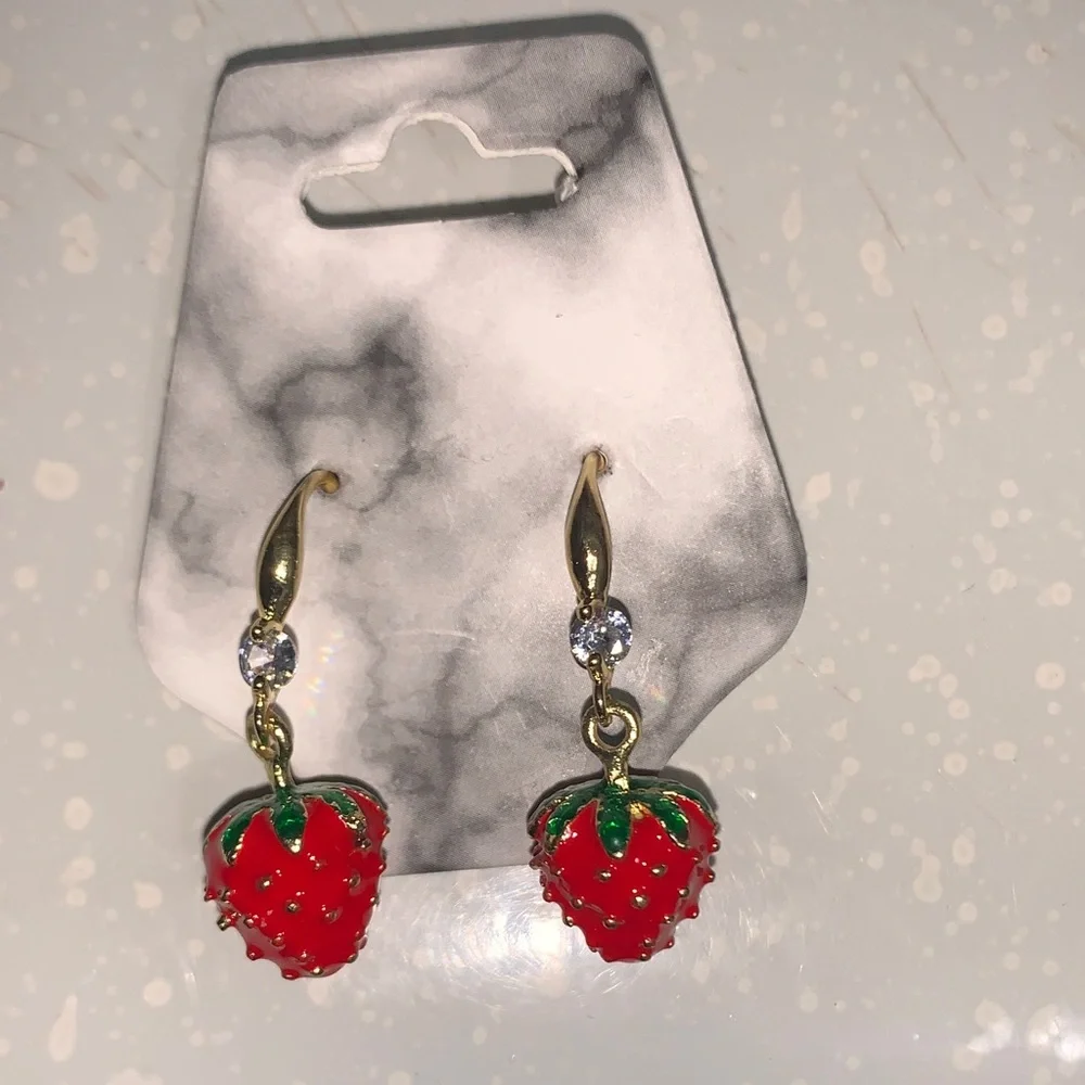 Gold-Tone Red Strawberry Drop Earrings - Unbranded - Picture 5 of 6